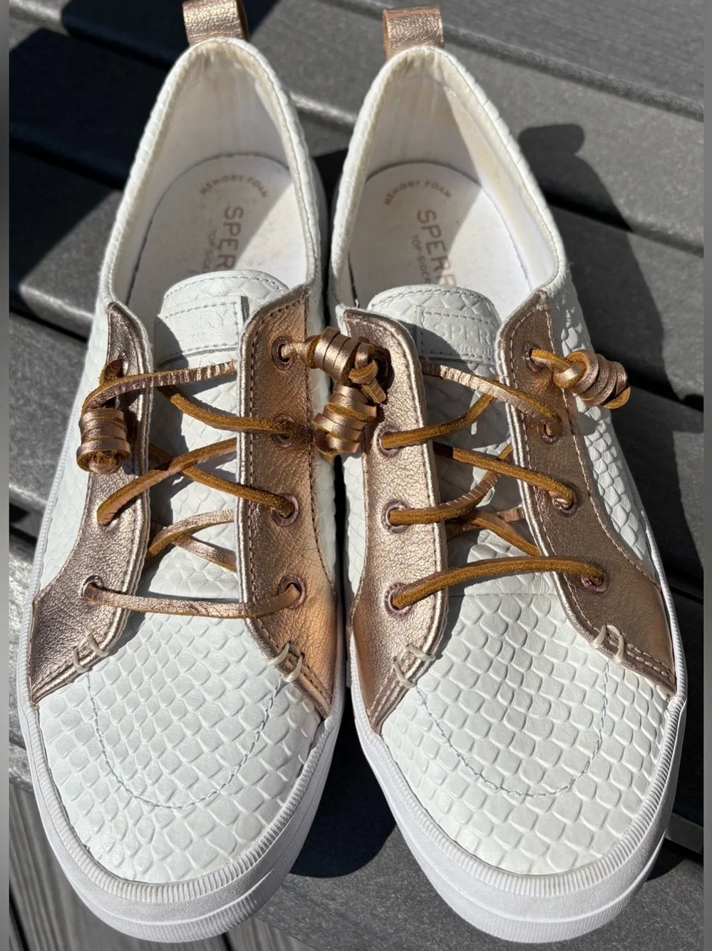 Sperry White Woven Low-Top Sneaker with Metallic Rose Accents